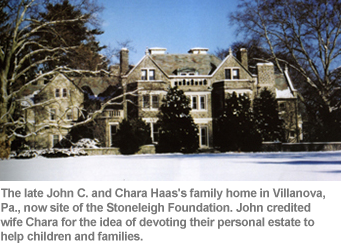 The late John C. and Chara Haas's family home in Villanova, Pa., now site of the Stoneleigh Foundation. John credited wife Chara for the idea of devoting their personal estate to help children and families.